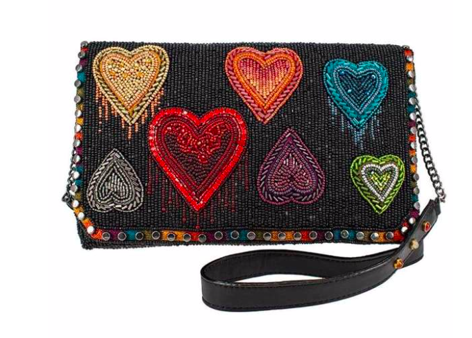 Mary Frances Big Heart Beaded Crossbody Clutch Handbag, Black