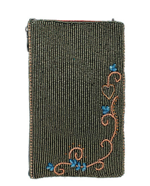 A detailed image of the back of Foxy a beaded and embroidered phone bag by Mary Frances.