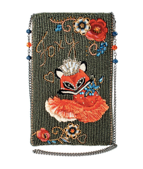 A detailed image of Foxy a beaded and embroidered phone bag by Mary Frances featuring a fox.
