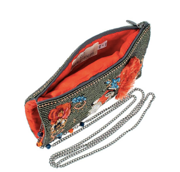 Image showing both pockets of Foxy, a beaded and embroidered phone bag by Mary Frances featuring a fox.