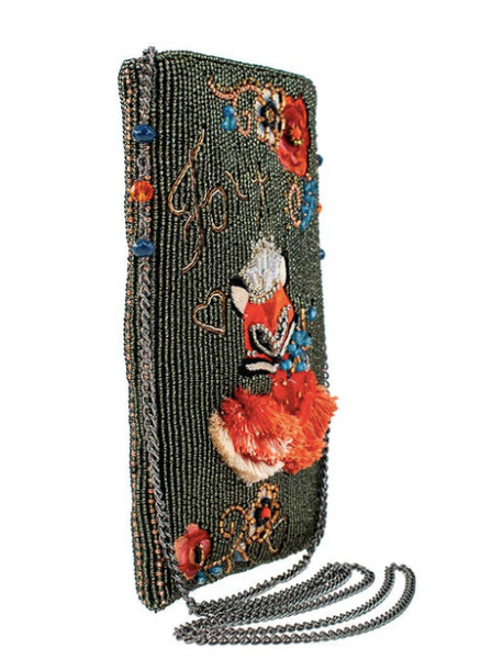 Left side of Foxy a beaded and embroidered phone bag by Mary Frances featuring a fox.