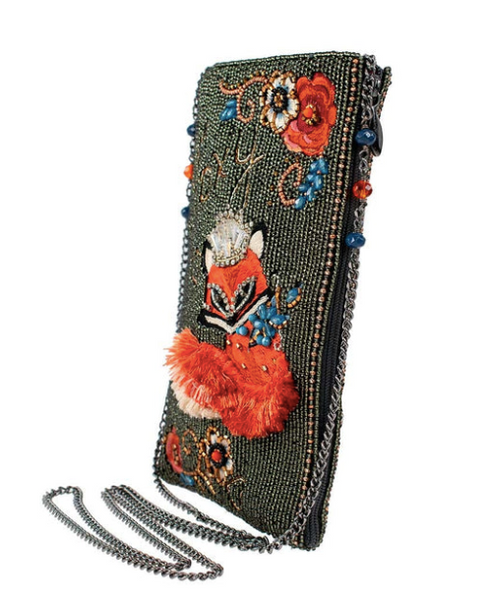 Right side of Foxy a beaded and embroidered phone bag by Mary Frances featuring a fox.