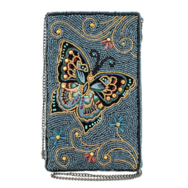 A blue color beaded crossbody phone bag, featuring a butterfly.