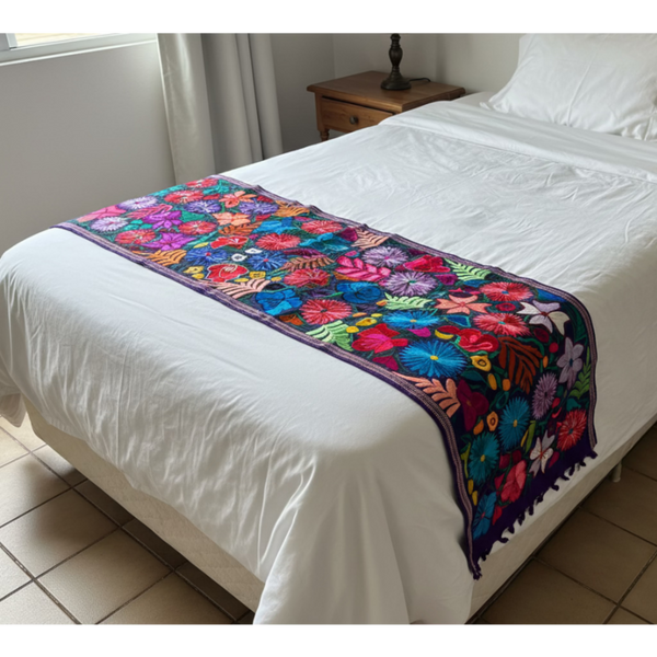 Colorful floral embroidered bed runner from Oaxaca Mexico