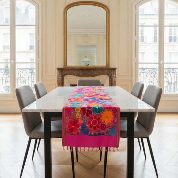 Colorful floral embroidered table runner Oaxaca Mexico