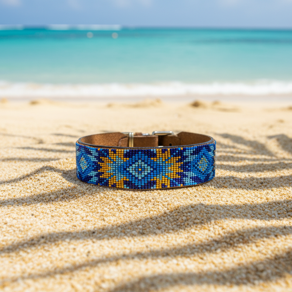 Beaded Full grain Leather Dog Collar