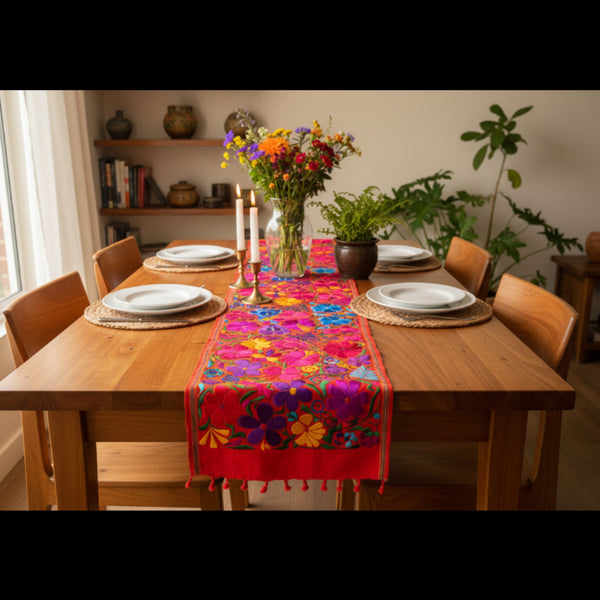 Colorful embroidered table runner with floral patterns on orange color background