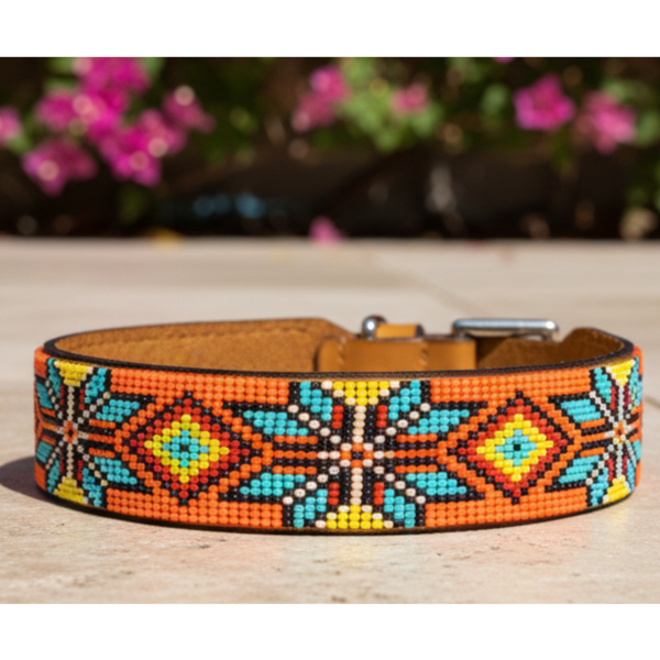 Colorful beaded dog collar with a brown leather strap