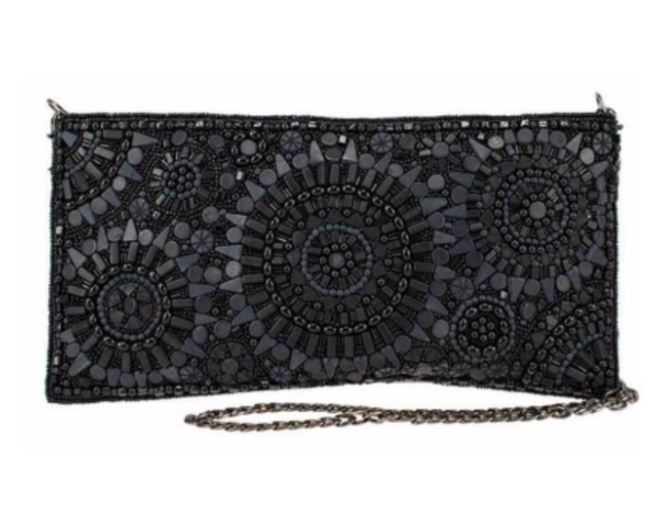 A black crossbody clutch with a geometric mosaic-like pattern of beads and rhinestones, featuring a chain strap and a zipper closure.