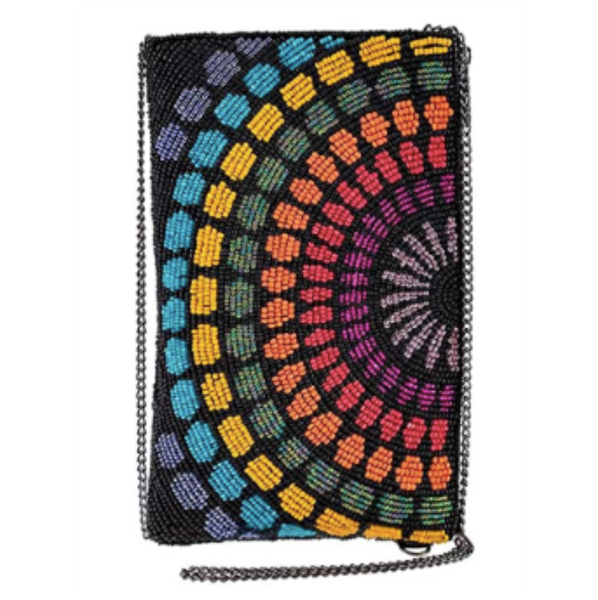 A multicolored beaded crossbody phone bag with a geometric rainbow motif design.