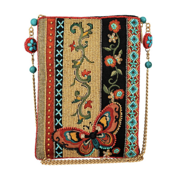 A beaded bag featuring a butterfly and flowers design.