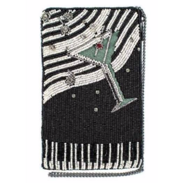 A black beaded crossbody phone bag with a piano, musical notes and Martini glass design, with intricate embellishments.