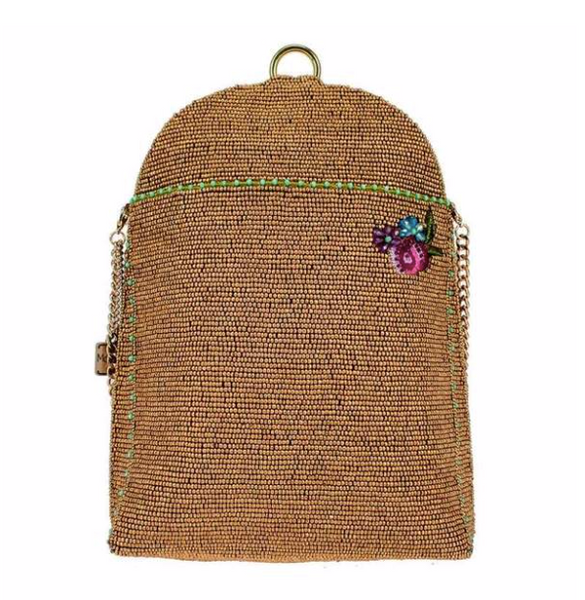 The back of a beaded handbag featuring a detailed parrot design with floral patterns and a gold-tone cage-like structure by Mary Frances.