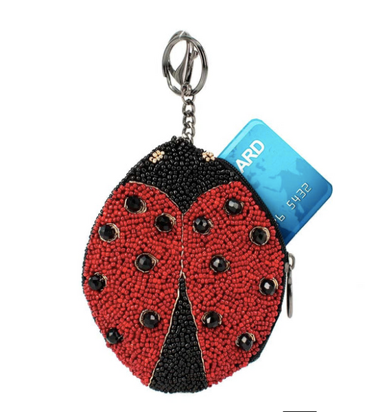 Image showing a beaded coin purse/key fob with a lady bug design by Mary Frances fitting a credit card